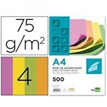 Liderpapel A4 - Papel de Color Neón, 75g/m2, Paquete de 500 Hojas en 4 Colores Surtidos