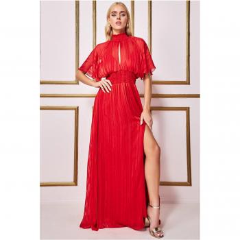 Goddiva Keyhole High Neck Flutter Sleeve Maxi Dress - Red
