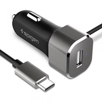 Spigen USB Tipo C 27W Cargador de Coche 2. 4A Puerto USB A + 3A Cable USB C Incorporado 1M Mechero Cargador USB para Smartphones,Tabletas