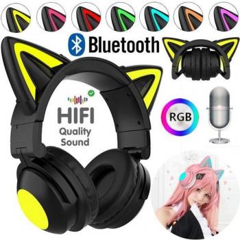 Auriculares Plegables con Orejas de Gato LED Brillantes para Juegos, Bluetooth 5.0, Graves Pesados, Inalámbricos con Micrófono - Color Púrpura