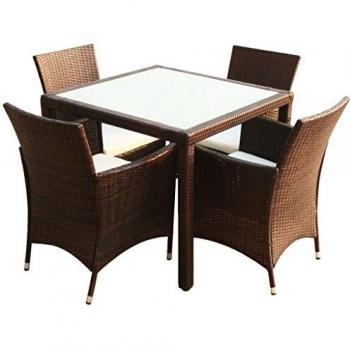 5-Piece Brown Poly Rattan Garden Dining Set with Cushions