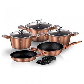 Berlinger Haus Rose Gold Batería Cocina Inducción 10 Piezas, Antiadherente Mármol sin PFOA, Aluminio, Set 3 Cazuelas, 3 Tapas Cristal, 2 Sartenes, 2 Salva Manteles, Diseño Metallic Line, Vitrocerámica