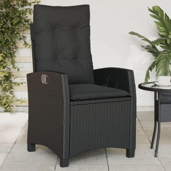 Silla de jardín reclinable con almohadas negras en Polyrattan, Sillón reclinable de jardín con cojines ratán sintético negro Vidaxl