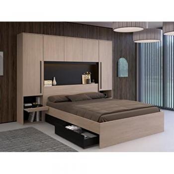 Cama con compartimentos 160 x 200 cm - Con LEDs - Color: natural y negro + Somier - VELONA