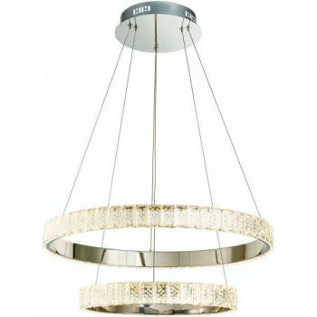 Colgante LED integrado Celeste con cristal transparente y placa de acero cromado, 2 luces regulables, IP20