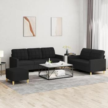3-Piece Black Fabric Sofa Set with Cushions