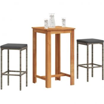 3 Piece Gray Acacia Wood and Poly Rattan Garden Bar Set