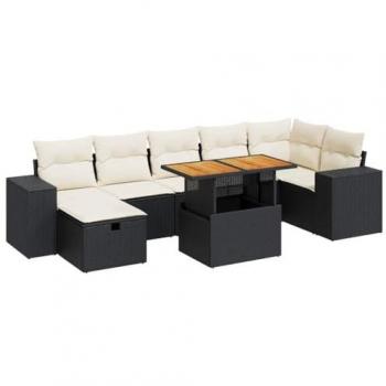 5-Piece Black Poly Rattan Garden Sofa Set with Cushions and Acacia Frame