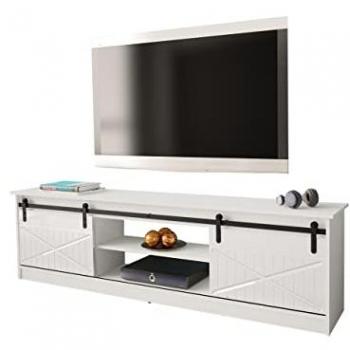 Mueble TV Charlotte 156, Blanco + Blanco brillante, 200 x 57 x 35 cm, con sistema de puerta corredera