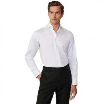 Camisa de hombre ajustada en tejido de espiga blanca - Hackett, manga larga, algodón, XL