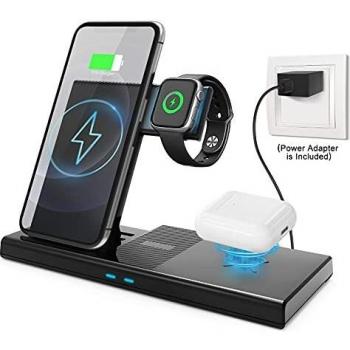 Cargador inalámbrico Cargador inalámbrico 4 en 1 con Adaptador QC 3.0 Estación de Carga rápida con certificación Qi para iWatch 5/4/3/2/1 iPhone 12 11 Pro / 11 Pro MAX/XS, Samsung Galaxy S20, etc.
