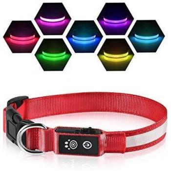 Collar Luminoso Perro Recargable 7 Colores Intercambiables Collar Luminoso LED Perro Impermeable Ajustable SúPer Brillante para Perros Grandes Medianos PequeñOs - Rojo L