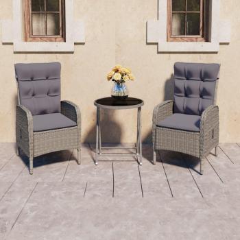 3 Piece Grey Poly Rattan and Glass Garden Bistro Set