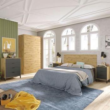 Pack Dormitorio Industrial 135/150 cm con Cabecero, 2 Mesitas, Cómoda y Armario en Roble Nodi y Gris Antracita