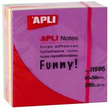 APLI 11596 - Notas adhesivas FUNNY 51 x 51 mm mini-cubo de 250 hojas 5 colores surtidos fluorescente