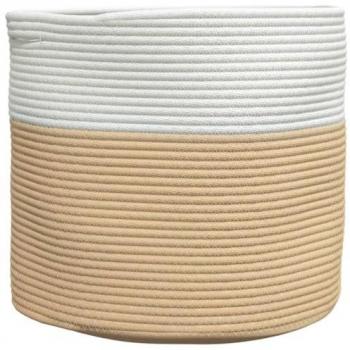 Cesta de almacenaje plegable de algodón beige y blanco Ø40x35 cm con asas para ropa sucia, toallas, mantas y juguetes