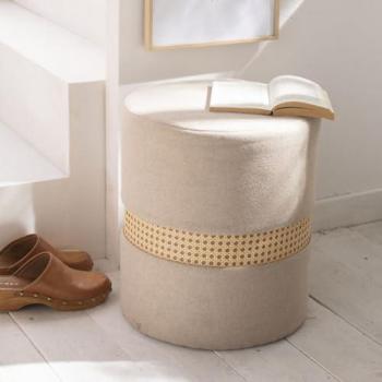 Taburete Palma de Tela y Caning Beige - Ø 35 x H 40 cm