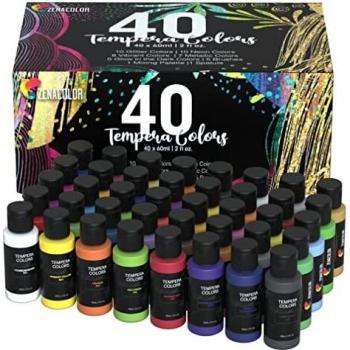 Zenacolor - Pinturas Témperas para Niños - Set de 40 Pinturas de 60 ml - Colores Mate, Neón, Purpurina, Fluorescentes, Metálicos - Papel, Carton, Carteles - Para pintar con Pinceles, Manos, Dedos