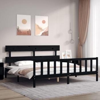 Cama Super King Size de Madera Maciza con Cabecero Negro Redondo