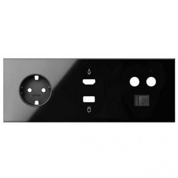 Kit frontal Simon 100 - 3 elementos (HDMI, USB, TV) con base Schuko en color negro brillo, modelo 10020304-138