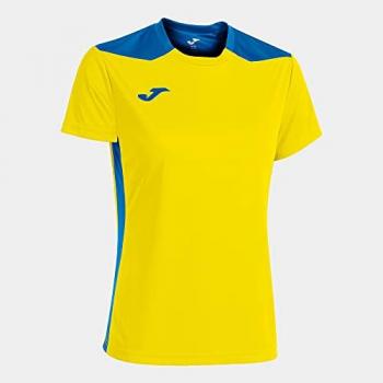 Camiseta manga corta Joma Championship VI mujer amarillo royal, 100% poliéster, tecnología Dry MX para transpirabilidad, corte femenino, diseño moderno y deportivo