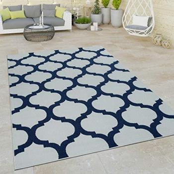 Alfombra de Tejido Plano Interior y Exterior Efecto Tridimensional Diseño Marroquí Blanco Azul 160x230 cm