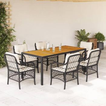 7-Piece Black Poly Rattan Garden Dining Set with Cushions