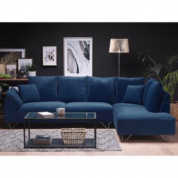 Sofá Esquinero Moderno en Pana Azul Marino con Cojines y Patas Cromadas 266 x 181 cm Lunner