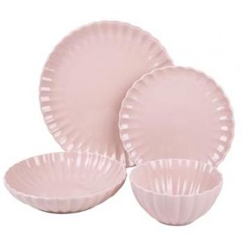 Juego de Vajilla de Porcelana Esmaltada en Rosa Nude con Diseño en Relieve - 16 Piezas, Apta para Lavavajillas, Microondas y Horno