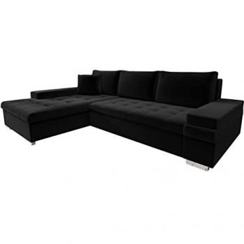 Sofá rinconero Comfivo 121, negro, moderno, con función de descanso y caja de ropa de cama, dimensiones 274 x 83 x 182 cm