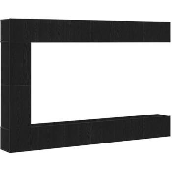 Conjunto de Mueble para Televisor Montado en la Pared de 7 Piezas en Madera de Roble Negro con Almacenamiento Modular Ajustable