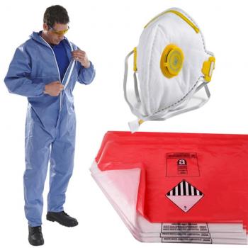 The Chemical Hut PPE Asbestos Kit de extracción unidades – x1 Xlarge Mono, x10 rojo y x10 transparente eliminación de residuos bolsas y x1 doble cara máscara con válvula
