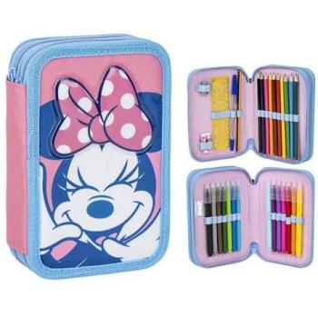 Plumier Doble Minnie Mouse Rosa Happy 78734 - Estuche de 3 Compartimentos - Color Rosa - 12,5 x 4,5 x 19,5 cm - Fabricado con Poliéster y PVC - C