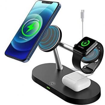 MoKo Cargador Inalámbrico Magnético 5 en 1, Estación de Carga Rápida Qi Compatible con Magsafe iPhone 13/12 Pro MAX Mini, Apple Watch SE/7/6/5, AirPods 3/2 Pro con Luz Nocturna LED