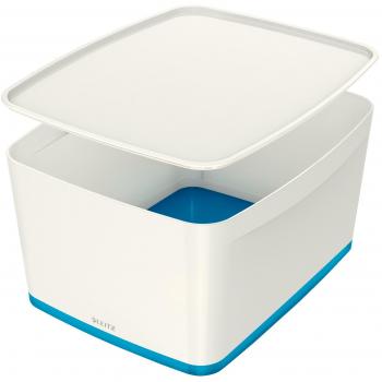 Leitz MyBox Grande con tapa, Caja de almacenaje para casa o la oficina, 18 litros, A4, Blanco/Azul metalizado, Plástico brillante, 52161036