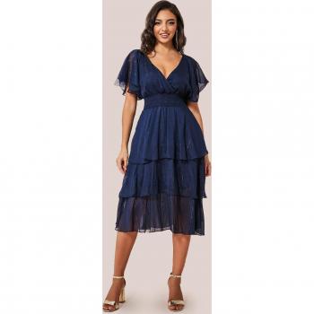 Navy Chiffon Layered Flutter Sleeve Midi Dress - Size 8 UK