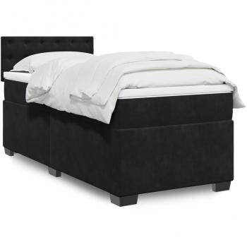 Cama box spring individual con colchón de tela negra y tapizado en terciopelo