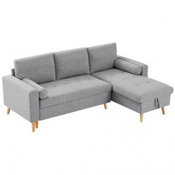 Sofá cama rinconera reversible de tela gris claro con arcón KORI