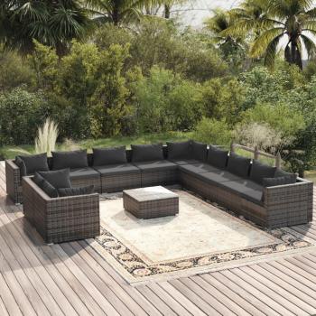 12-Piece Grey Poly Rattan Garden Lounge Set with Cushions