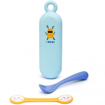 Suavinex - Set Cuchara BOOO +4 Meses + Portababeros + Portacucharas. Apto Para Lavavajillas, Color Azul