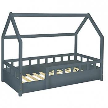 Cama cabina infantil Neree gris 80 x 160 cm con somier de láminas y barandillas
