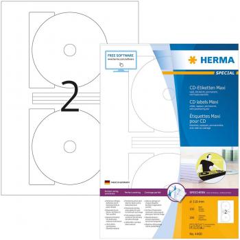 Etiquetas CD/DVD HERMA Maxi 116 mm, opacas, autoadhesivas, 200 etiquetas en 100 hojas, compatibles con impresoras láser e inkjet