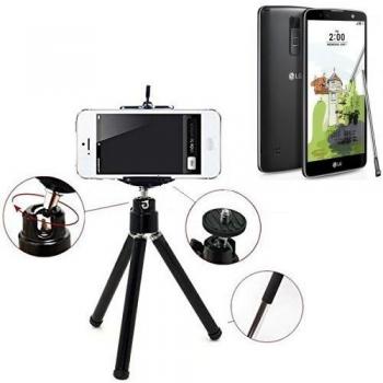 Smartphone trípode / soporte móvil / trípode como para LG Electronics Stylus 2 Plus. Trípode de aluminio / trípode con soporte para el teléfono móvil, universal para todos los teléfonos inteligentes y las cámaras comunes. De color negro. Aferrars
