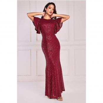 Goddiva Sequin Flutter Sleeve Maxi Dress - Wine