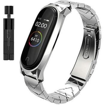 AHANGA Correa para Xiaomi Mi Band 4/ Mi Band 3 Correas de Metal Pulsera con Enlaces Herramienta de eliminación Extensibles Reloj Wristband Repuesto Bandas de Acero Inoxidable Reemplazo Pulseras