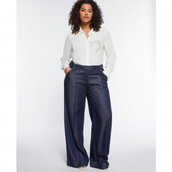 Pantalón ancho de mujer azul denim con raya planchada