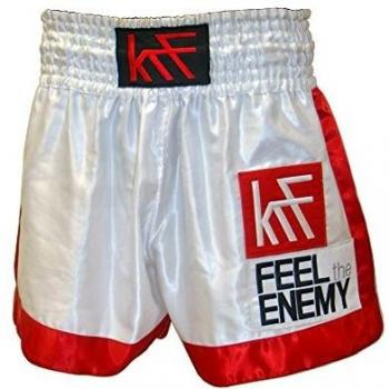 KRF Feel The Enemy Thai Liso Pantalones Cortos de Boxeo, Hombre, Blanco, M