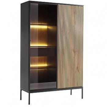Vitrina Alta Lima H100 con 2 Puertas, 1 Cajón y Iluminación LED, 166 x 104 x 39 cm, Color Roble Wotan y Negro