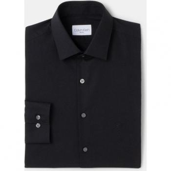Calvin Klein Men's Slim Fit Black Poplin Button-Front Long Sleeve Shirt