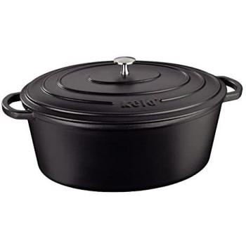 Cocotte Ovalada Calido de Hierro Fundido 9,3 Litros, Emaillada Negra, Compatible con Inducción